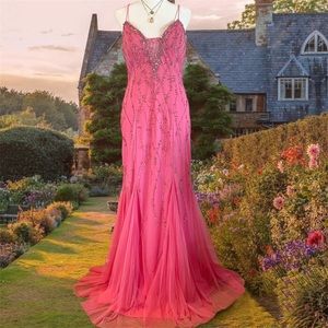 Pink beaded+sequined prom dress size S vintage 90s